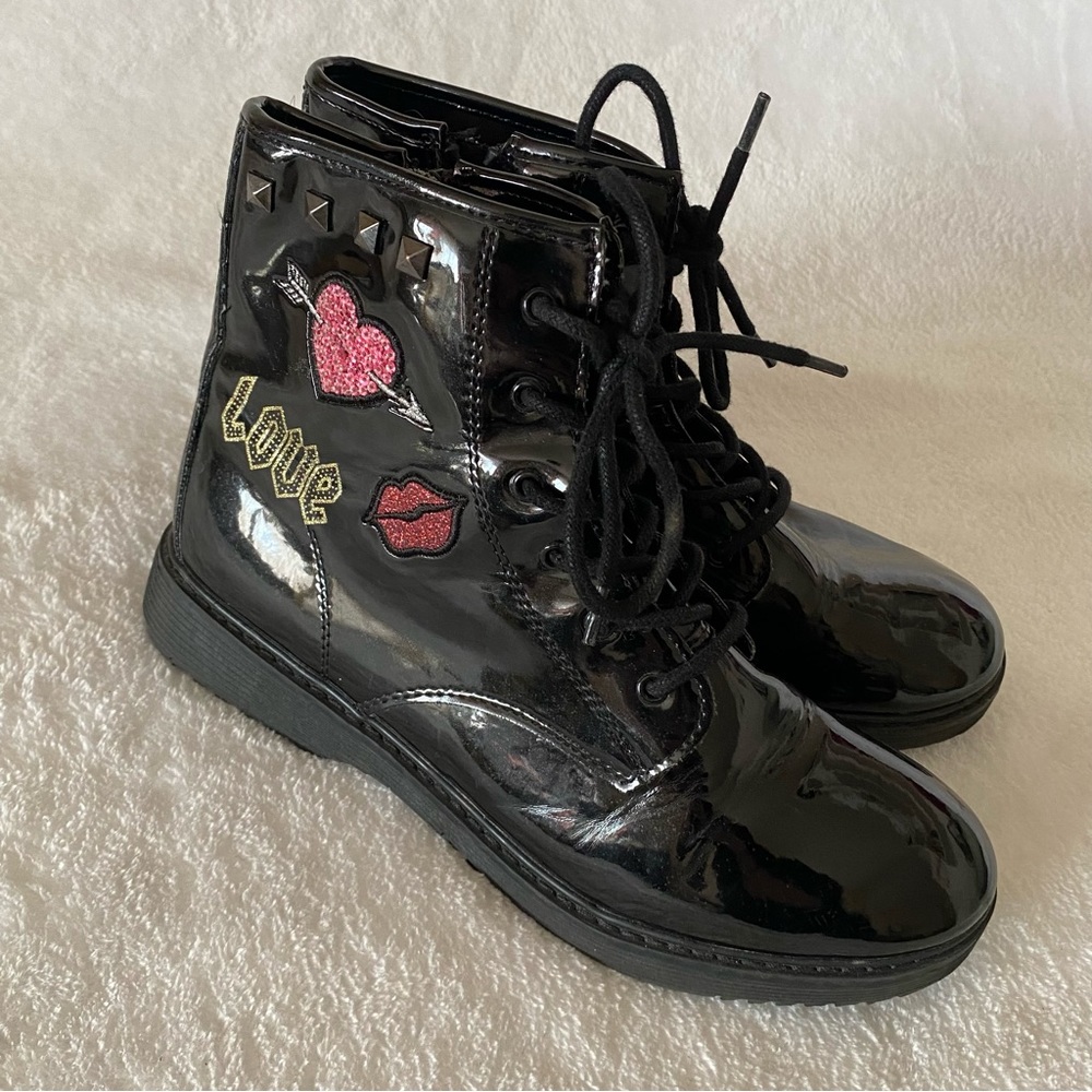The Children’s Place Black Patent Zippered Ankle Lace Up Boots - Picture 7 of 10